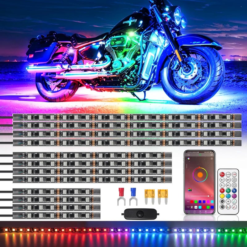 ZONECONA 12PCS Chaser Motorcycle LED Lights Kit with APP/RF Remote, RGB+IC Dream Color Motorcycle Lights Underglow Kit with Brake Turn Signal, Neon Strip Multicolor 12v Waterproof for Harley Kawasaki - Image 1